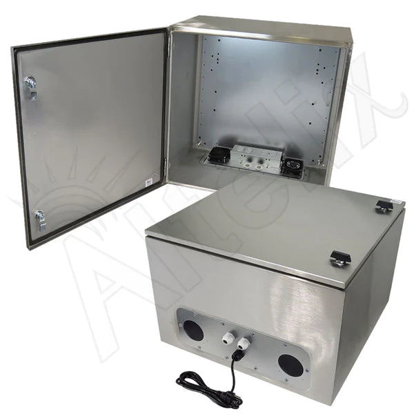Altelix 24x24x16 Stainless Steel Weatherproof NEMA Enclosure with 120 VAC Outlets, Power Cord & 85°F Turn-On Cooling Fans
