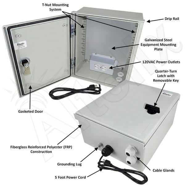 Altelix 12x10x6 NEMA 3X Fiberglass Weatherproof Enclosure with Equipment Mounting Plate, 120 VAC Outlets & Power Cord - Nema Supply