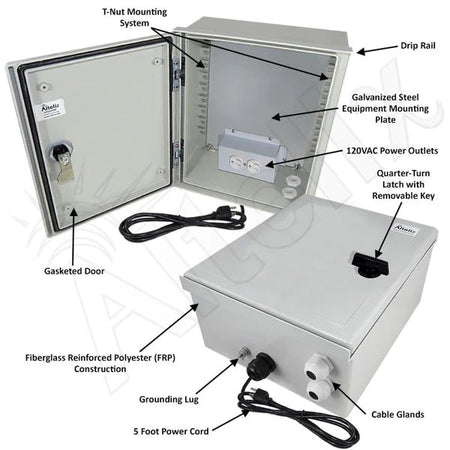 Altelix 12x10x6 NEMA 3X Fiberglass Weatherproof Enclosure with Equipment Mounting Plate, 120 VAC Outlets & Power Cord - Nema Supply