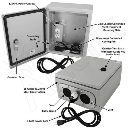 Altelix 12x10x6 Steel Weatherproof NEMA Enclosure with Cooling Fan, 120 VAC Outlets and Power Cord - Nema Supply