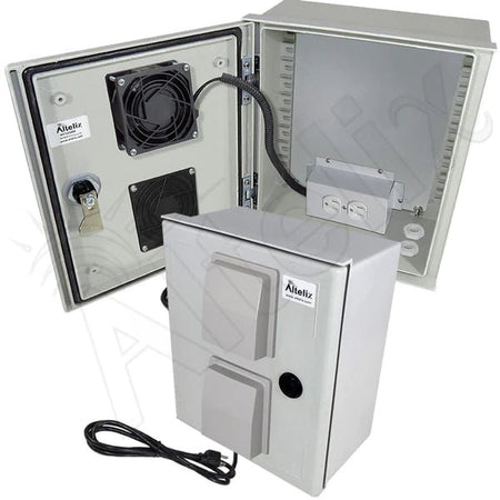 Altelix 12x10x6 Vented Fiberglass Weatherproof NEMA Enclosure with 120 VAC Outlets, Power Cord & 85°F Turn - On Cooling Fan - Nema Supply