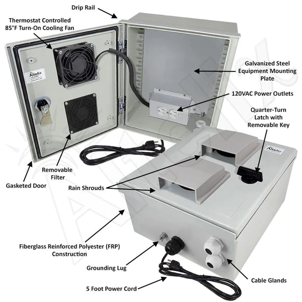 Altelix 12x10x6 Vented Fiberglass Weatherproof NEMA Enclosure with 120 VAC Outlets, Power Cord & 85°F Turn - On Cooling Fan - Nema Supply
