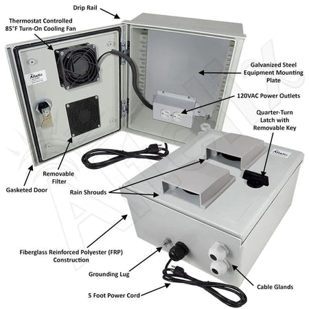 Altelix 12x10x6 Vented Fiberglass Weatherproof NEMA Enclosure with 120 VAC Outlets, Power Cord & 85°F Turn - On Cooling Fan - Nema Supply