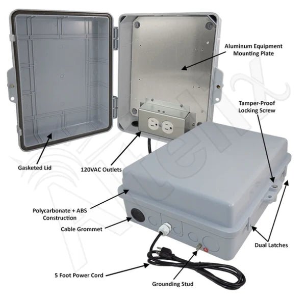 Altelix 14x11x5 PC + ABS Weatherproof Power Box NEMA Enclosure with 120V Power Outlets - Nema Supply