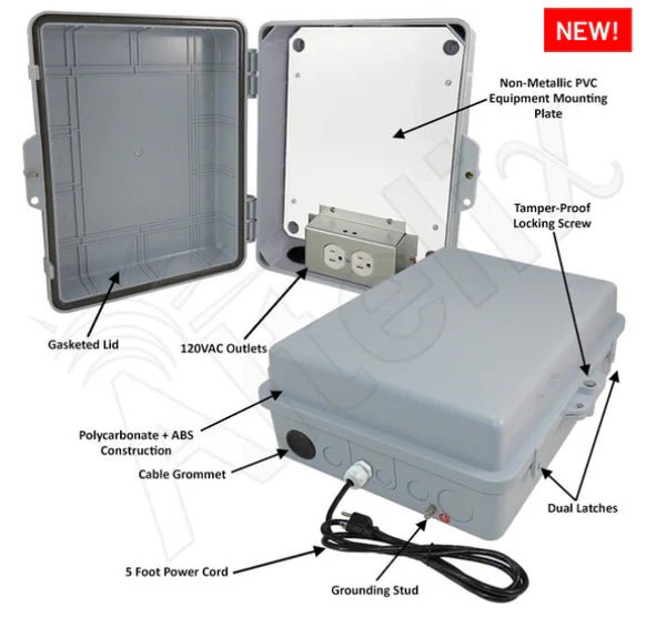 Altelix 14x11x5 Polycarbonate + ABS RF Transparent Outdoor WiFi Enclosure with No - Drill PVC Equipment Mounting Plate, 120 VAC Outlets & Power Cord - Nema Supply