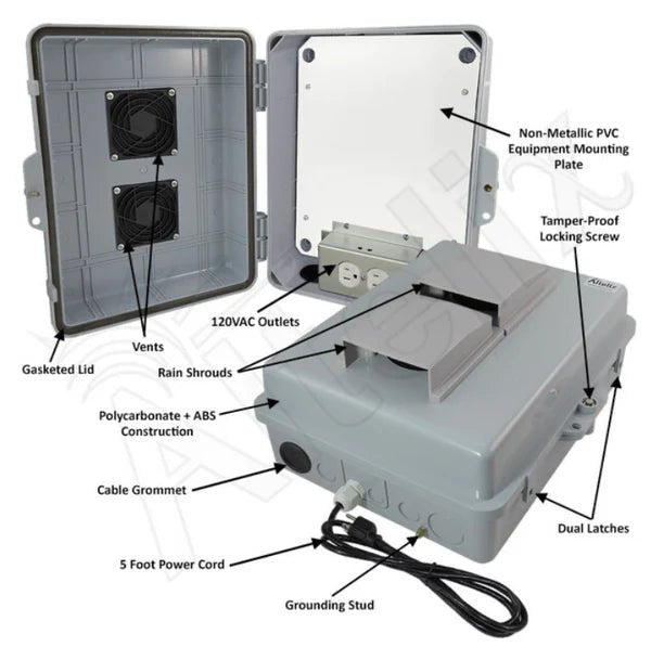 Altelix 14x11x5 Polycarbonate + ABS Vented Indoor / Outdoor RF Transparent Enclosure with PVC Non - Metallic Equipment Mounting Plate, 120 VAC Outlets & Power Cord - Nema Supply