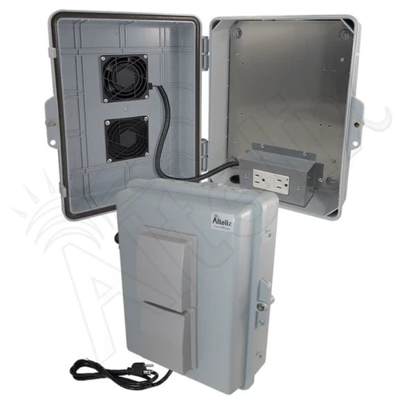 Altelix 14x11x5 Vented Polycarbonate + ABS Weatherproof NEMA Enclosure with Cooling Fan, 120 VAC GFCI Outlets & Power Cord - Nema Supply