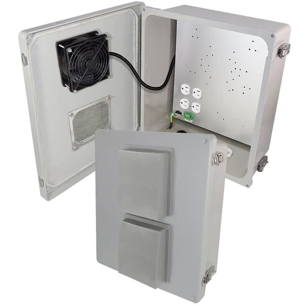 Altelix 14x12x6 Fiberglass Vented & Heated Weatherproof NEMA Enclosure with Cooling Fan, 200W Heater 120 VAC Outlets - Nema Supply
