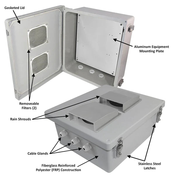 Altelix 14x12x6 Fiberglass Vented Weatherproof NEMA Enclosure with Blank Aluminum Mounting Plate - Nema Supply