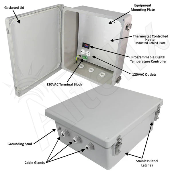 Altelix 14x12x6 Fiberglass Weatherproof Heated NEMA Enclosure with 120 VAC Outlets & 200W Heater with Digital Temperature Controller - Nema Supply