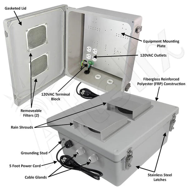 Altelix 14x12x6 Fiberglass Weatherproof Vented NEMA Enclosure with 120 VAC Outlets & Power Cord - Nema Supply