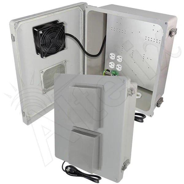 Altelix 14x12x6 Fiberglass Weatherproof Vented NEMA Enclosure with 120 VAC Outlets, Power Cord & 85°F Turn - On Cooling Fan - Nema Supply