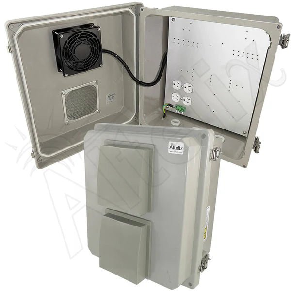 Altelix 14x12x8 Fiberglass Vented & Heated Weatherproof NEMA Enclosure with Cooling Fan 200W Heater 120 VAC Outlets - Nema Supply