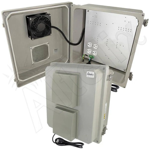 Altelix 14x12x8 Fiberglass Vented & Heated Weatherproof NEMA Enclosure with Cooling Fan, 200W Heater, 120 VAC Outlets & Power Cord - Nema Supply