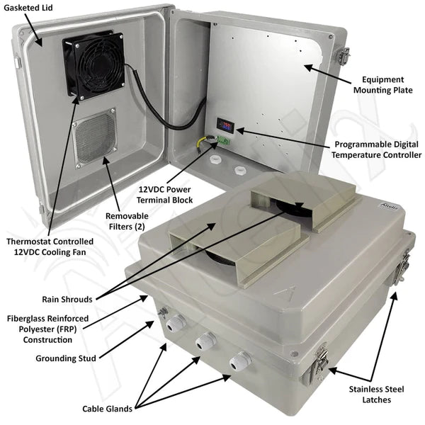 Altelix 14x12x8 Fiberglass Weatherproof Vented NEMA Enclosure with 12 VDC Cooling Fan & Digital Temperature Controller - Nema Supply