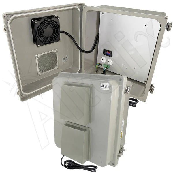 Altelix 14x12x8 Fiberglass Weatherproof Vented NEMA Enclosure with 120 VAC Outlets and Cooling Fan with Digital Temperature Controller - Nema Supply