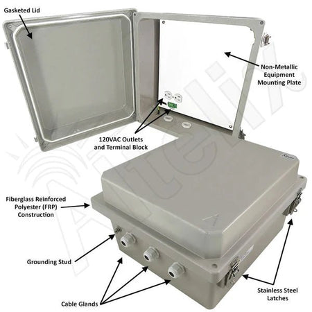 Altelix 14x12x8 Fiberglass Weatherproof WiFi NEMA 4X Enclosure with Non - Metallic Mounting Plate & 120 VAC Outlets - Nema Supply