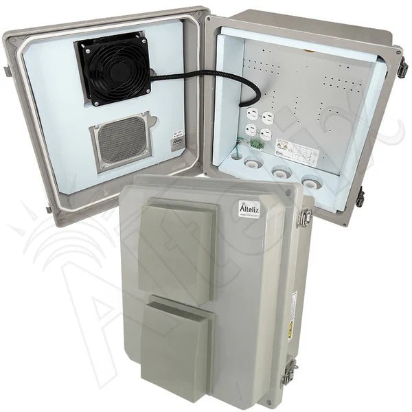 Altelix 14x12x8 Insulated Fiberglass Vented & Heated Weatherproof NEMA Enclosure with Cooling Fan 200W Heater 120 VAC Outlets - Nema Supply