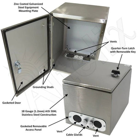 Altelix 16x12x12 Vented Stainless Steel Weatherproof NEMA Enclosure with Steel Equipment Mounting Plate - Nema Supply