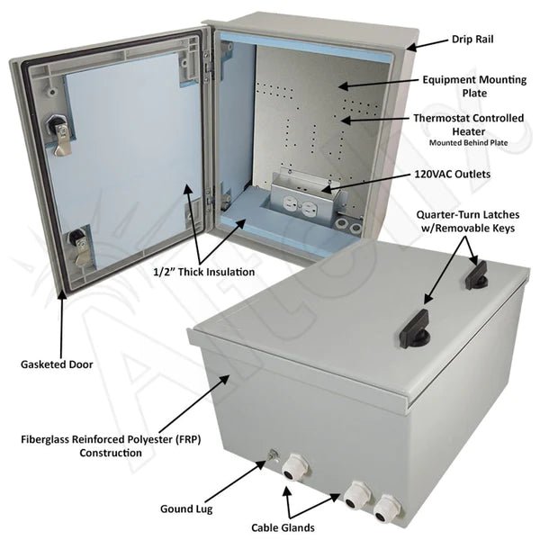 Altelix 16x12x8 Insulated NEMA 4X Fiberglass Heated Weatherproof Enclosure with 200W Heater and 120 VAC Outlets - Nema Supply