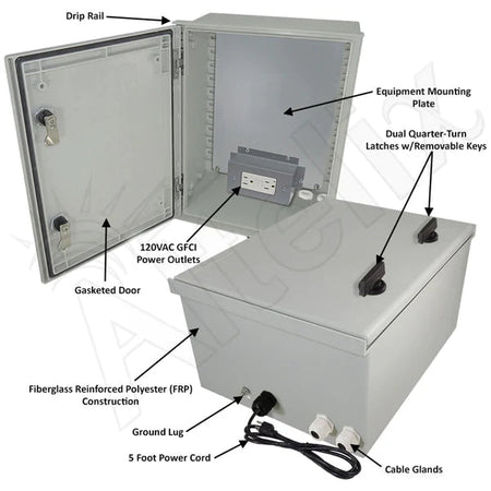 Altelix 16x12x8 NEMA 3X Fiberglass Weatherproof Enclosure with Equipment Mounting Plate & 120 VAC GFCI Outlets & Power Cord - Nema Supply