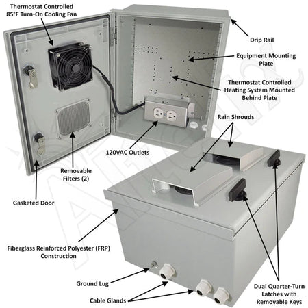 Altelix 16x12x8 Vented Fiberglass Weatherproof NEMA Enclosure with 120 VAC Outlets & Power Cord, 200W Heater & 85Â°F Turn - On Cooling Fan - Nema Supply