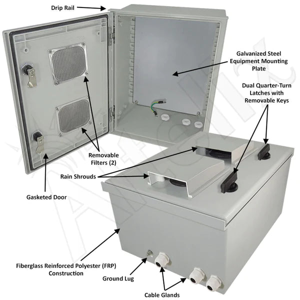 Altelix 16x12x8 Vented Fiberglass Weatherproof NEMA Enclosure with Blank Steel Equipment Mounting Plate - Nema Supply