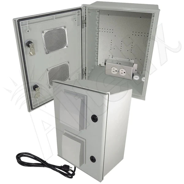 Altelix 16x12x8 Vented Fiberglass Weatherproof NEMA Enclosure with Equipment Mounting Plate, 120 VAC Outlets & Power Cord - Nema Supply