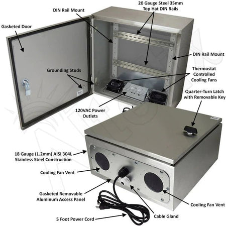 Altelix 16x16x8 Industrial DIN Rail Stainless Steel Weatherproof NEMA Enclosure with Dual Cooling Fans, 120 VAC Outlets and Power Cord - Nema Supply