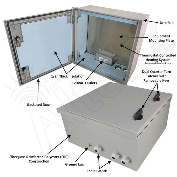 Altelix 16x16x8 Insulated NEMA 4X Fiberglass Heated Weatherproof Enclosure with Equipment Mounting Plate & 120 VAC Outlets - Nema Supply