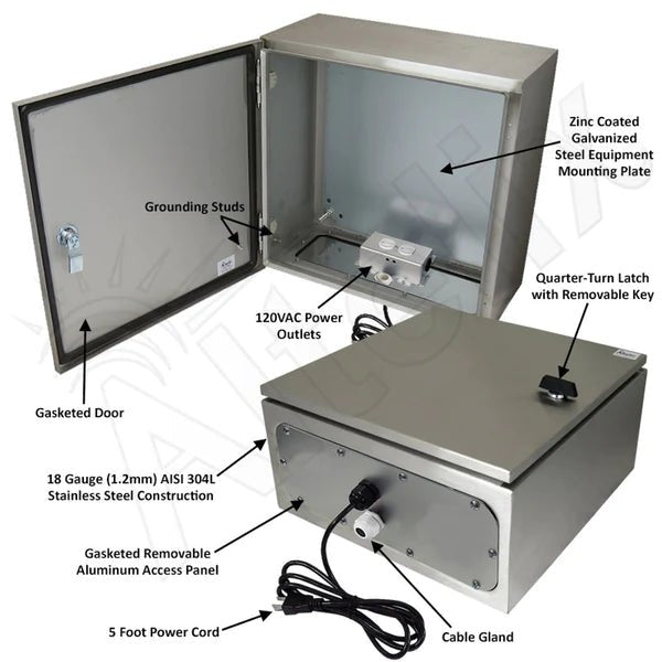 Altelix 16x16x8 NEMA 4X Stainless Steel Weatherproof Enclosure with 120 VAC Outlets and Power Cord - Nema Supply