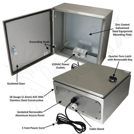 Altelix 16x16x8 NEMA 4X Stainless Steel Weatherproof Enclosure with 120 VAC Outlets and Power Cord - Nema Supply