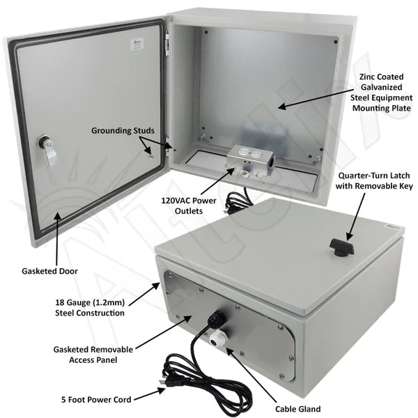Altelix 16x16x8 NEMA 4X Steel Weatherproof Enclosure with 120 VAC Outlets and Power Cord - Nema Supply