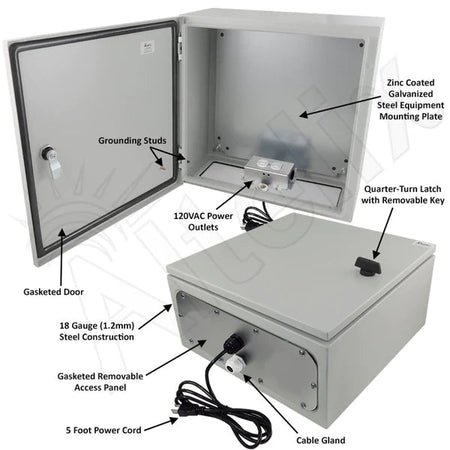 Altelix 16x16x8 NEMA 4X Steel Weatherproof Enclosure with 120 VAC Outlets and Power Cord - Nema Supply