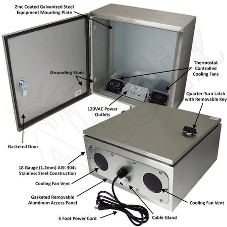 Altelix 16x16x8 Stainless Steel Weatherproof NEMA Enclosure with Dual Cooling Fans, 120 VAC Outlets and Power Cord - Nema Supply