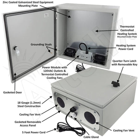 Altelix 16x16x8 Steel Heated Weatherproof NEMA Enclosure with Dual Cooling Fans, 200W Heater, 120 VAC Outlets and Power Cord - Nema Supply