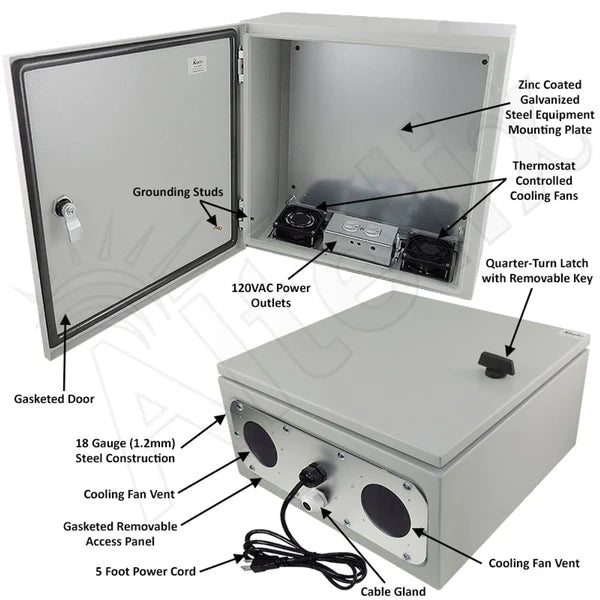 Altelix 16x16x8 Steel Weatherproof NEMA Enclosure with Dual Cooling Fans, 120 VAC Outlets and Power Cord - Nema Supply