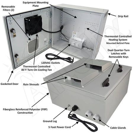 Altelix 16x16x8 Vented Fiberglass Weatherproof NEMA Enclosure with 120 VAC Outlets, 200W Heater and 85°F Turn - On Cooling Fan - Nema Supply