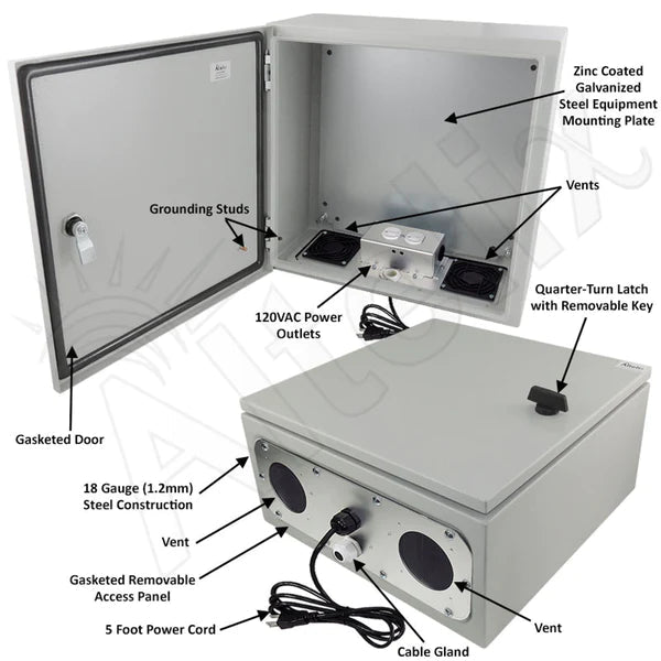 Altelix 16x16x8 Vented Steel Weatherproof NEMA Enclosure with 120 VAC Outlets and Power Cord - Nema Supply