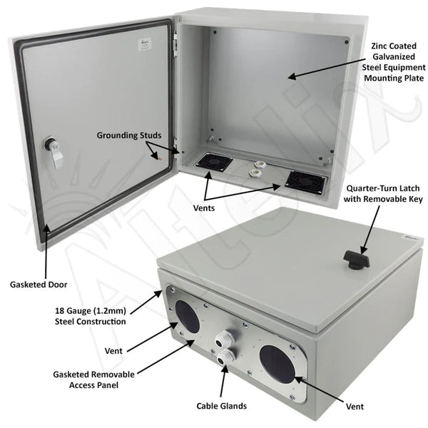 Altelix 16x16x8 Vented Steel Weatherproof NEMA Enclosure with Steel Equipment Mounting Plate - Nema Supply