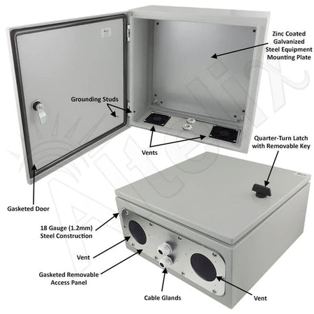 Altelix 16x16x8 Vented Steel Weatherproof NEMA Enclosure with Steel Equipment Mounting Plate - Nema Supply