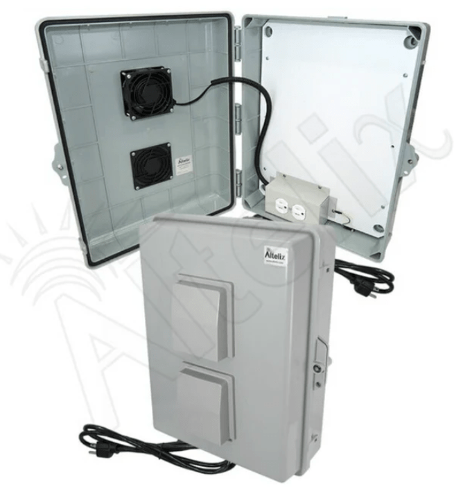 Altelix 17x14x6 Polycarbonate + ABS Vented RF Transparent Outdoor WiFi Enclosure with No - Drill PVC Equipment Mounting Plate, Cooling Fan, 120 VAC Outlets & Power Cord - Nema Supply