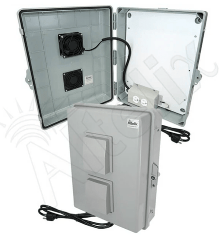 Altelix 17x14x6 Polycarbonate + ABS Vented RF Transparent Outdoor WiFi Enclosure with No - Drill PVC Equipment Mounting Plate, Cooling Fan, 120 VAC Outlets & Power Cord - Nema Supply