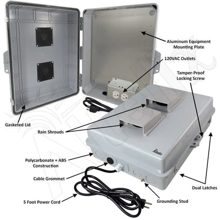 Altelix 17x14x6 Polycarbonate + ABS Vented Weatherproof NEMA Enclosure with Aluminum Mounting Plate, 120 VAC Outlets & Power Cord - Nema Supply