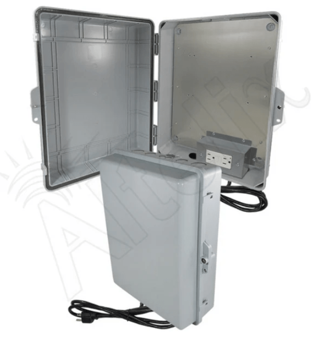 Altelix 17x14x6 Polycarbonate + ABS Weatherproof NEMA Enclosure with Aluminum Mounting Plate, 120 VAC GFCI Outlets & Power Cord - Nema Supply