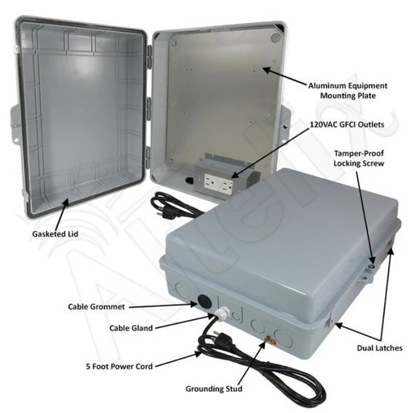 Altelix 17x14x6 Polycarbonate + ABS Weatherproof NEMA Enclosure with Aluminum Mounting Plate, 120 VAC GFCI Outlets & Power Cord - Nema Supply
