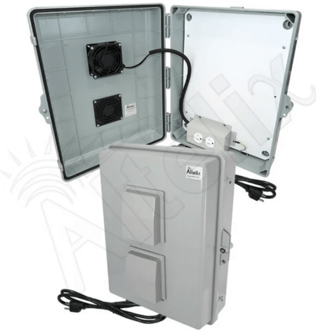 Altelix 17x14x6 Vented Polycarbonate + ABS Weatherproof NEMA Enclosure with 120 VAC Outlets, Power Cord & 85°F Turn - On Cooling Fan - Nema Supply