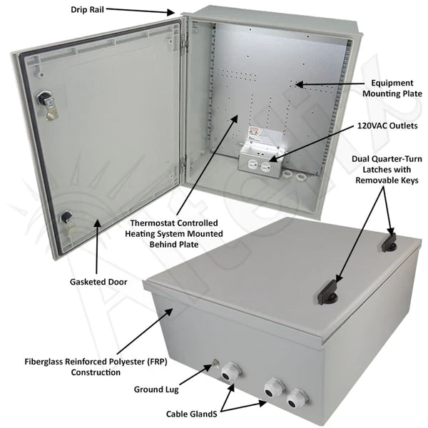 Altelix 20x16x8 NEMA 4X Fiberglass Heated Weatherproof Enclosure with Equipment Mounting Plate & 120 VAC Outlets & Power Cord - Nema Supply