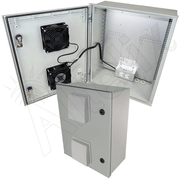 Altelix 20x16x8 Vented Fiberglass Weatherproof NEMA Enclosure with Dual Cooling Fans and 120 VAC Outlets & Power Cord - Nema Supply