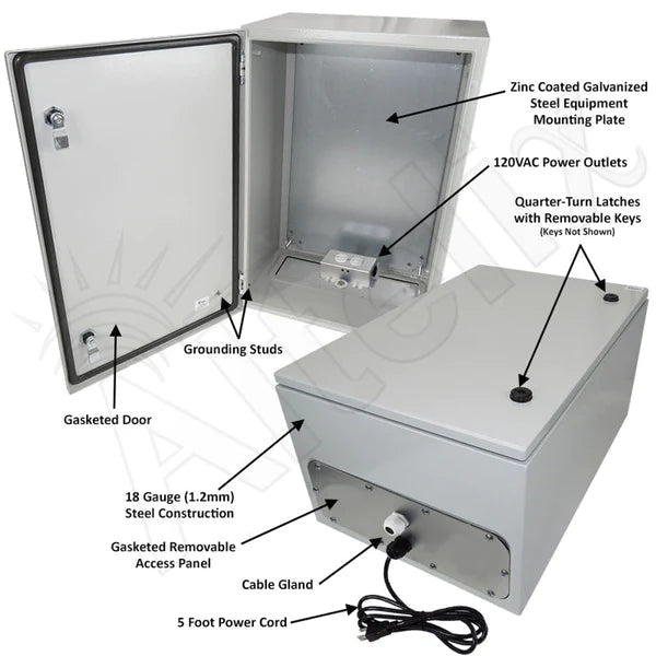 Altelix 24x16x12 NEMA 4X Steel Weatherproof Enclosure with 120 VAC Outlets and Power Cord - Nema Supply
